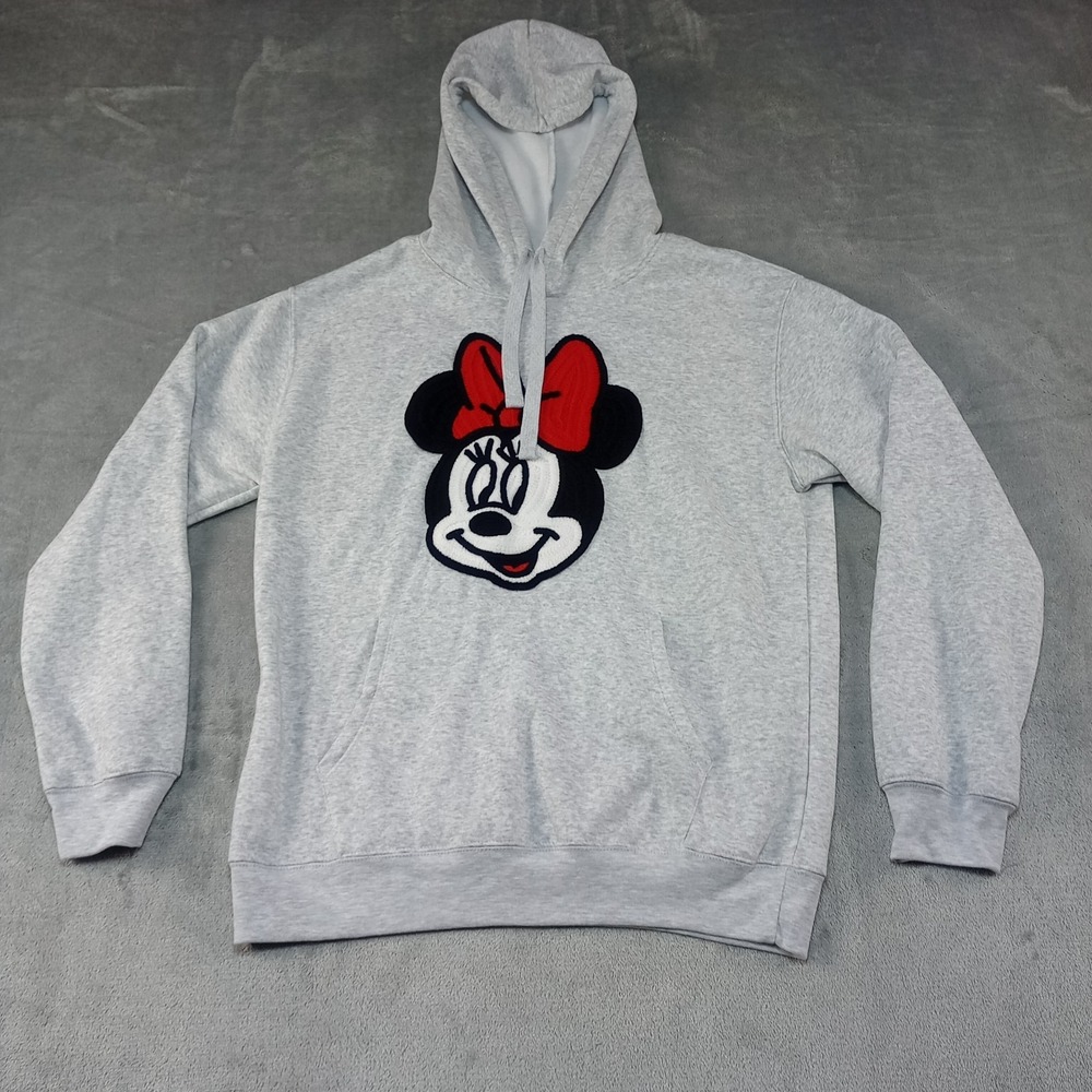 Disney Minnie‎ Mouse Hoodie Hooded Sweatshirt Crochet Patch Size M Heather Gray